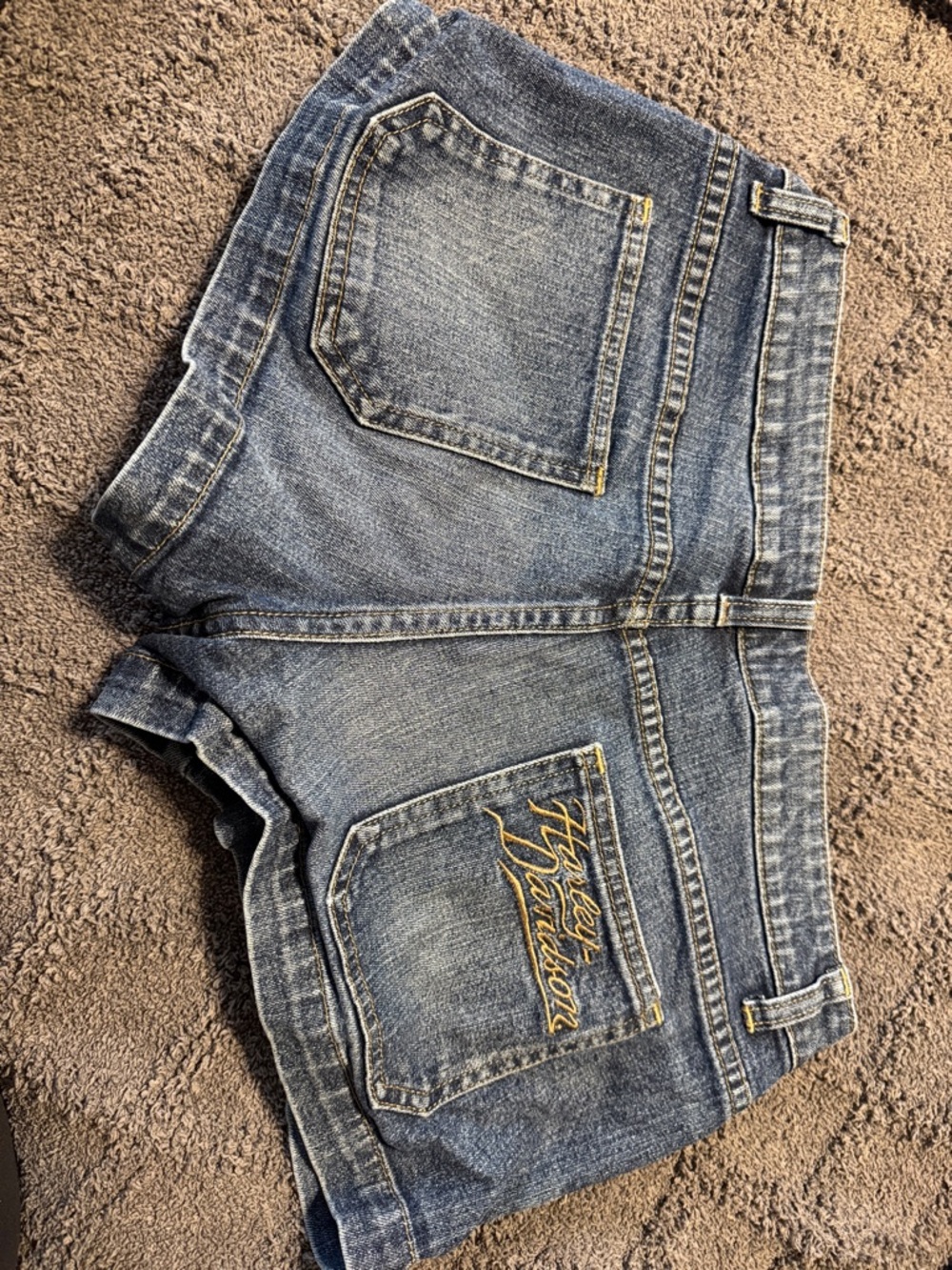 Harley-Davidson Dark Blue Denim Shorts with Gold Logo Wings - Picture 3 of 3